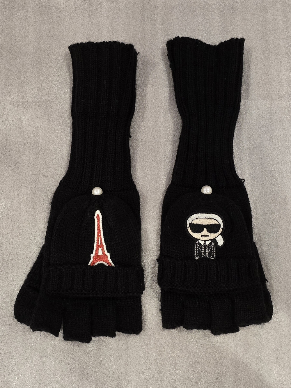 Karl Lagerfeld Fingerless Knit Gloves with Foldover Mitts- Paris